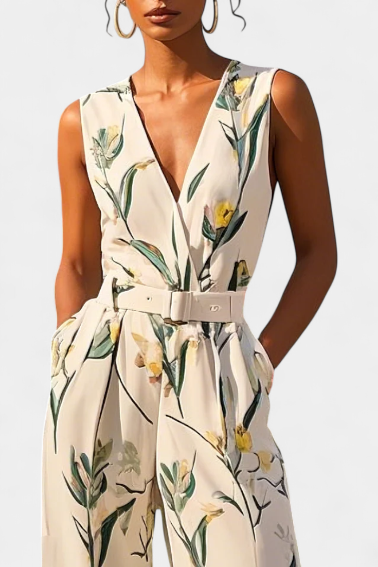 Floral Print V-Neck Sleeveless Belted Wide Leg Jumpsuit