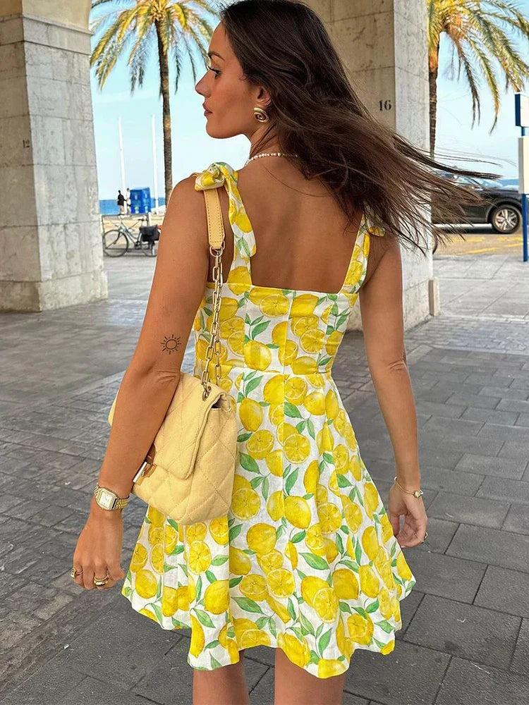 Lemon Print Square Neck Tie Strap Fit and Flare Summer Mini Dress