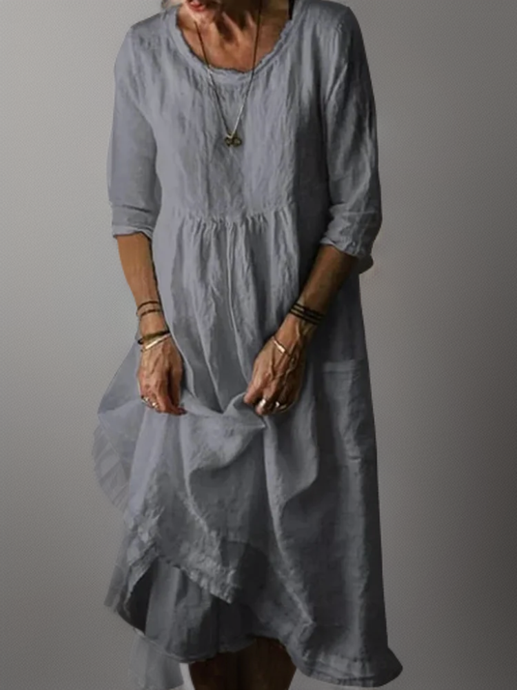 Katie - Summer Pleated Cotton Linen Midi Dress Grey