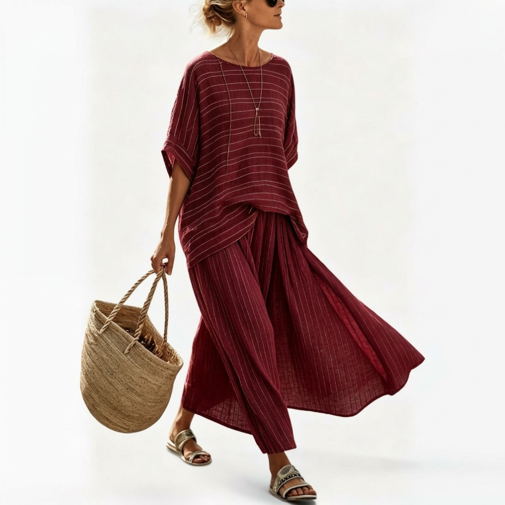 Striped Short Sleeve Top and Wide Leg Pants Two Piece Set