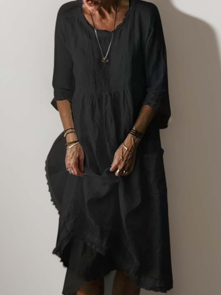 Katie - Summer Pleated Cotton Linen Midi Dress Black