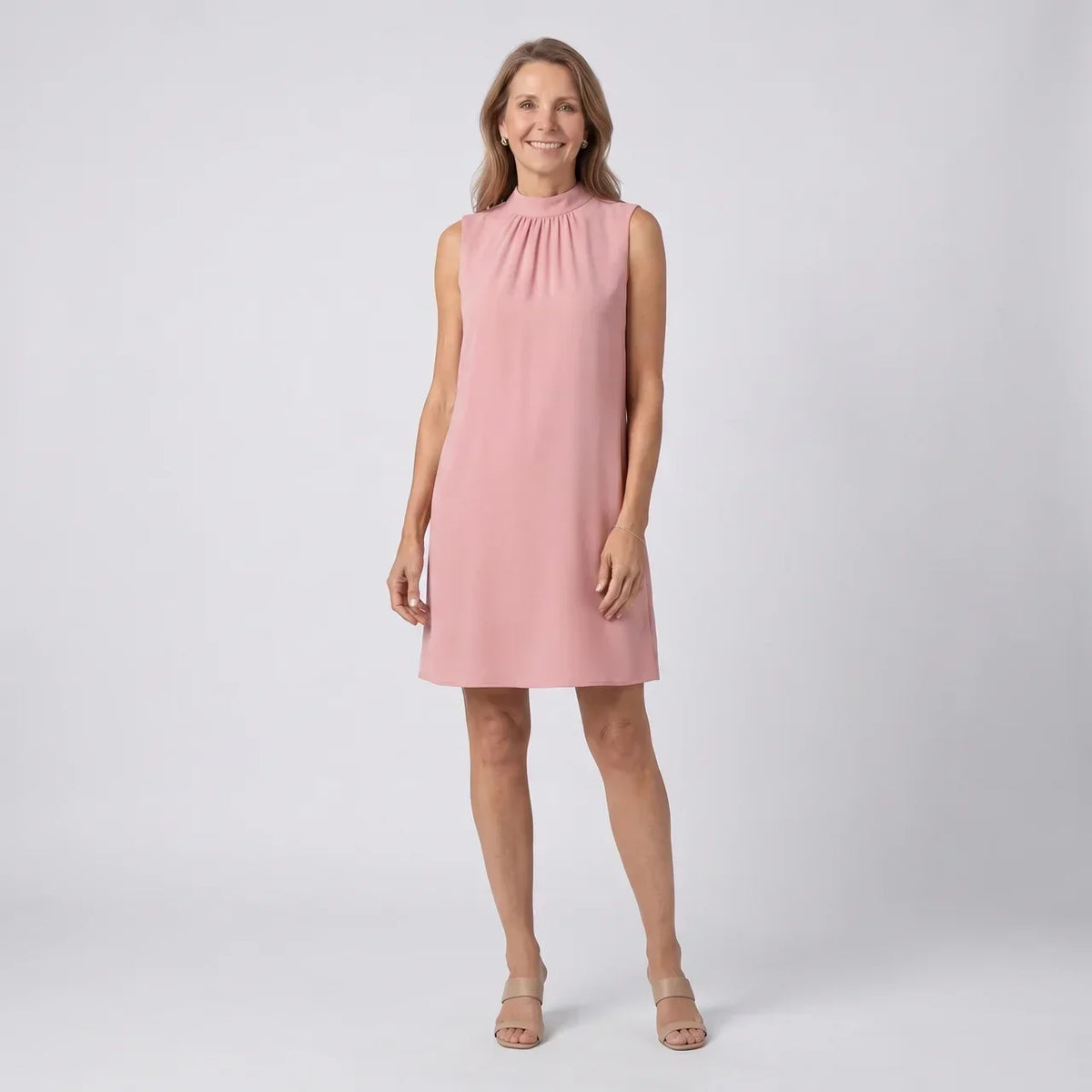 Ruched Mock Neck Sleeveless Shift Dress