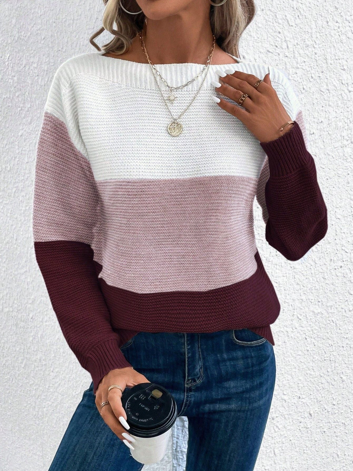 Contrast Panel Boat Neck Long Sleeve Ribbed Knit Sweater