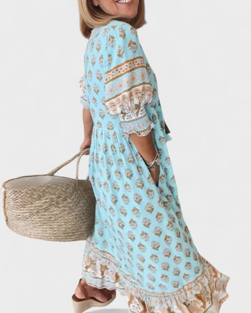 Boho Print V-Neck Ruffle Sleeve Button Front Midi Dress