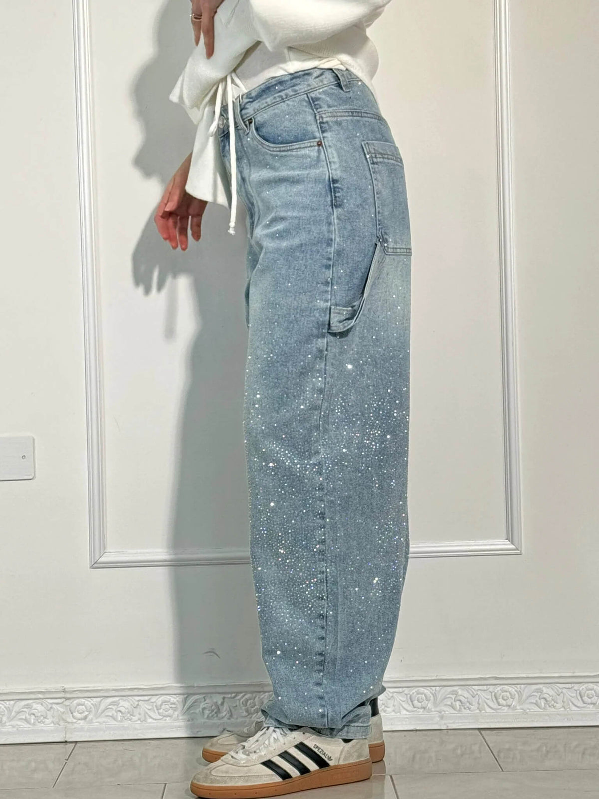 High Waist Rhinestone Embellished Wide Leg Jeans