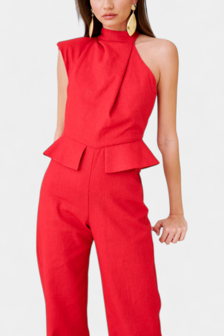 One Shoulder Peplum Waist Straight Leg Jumpsuit
