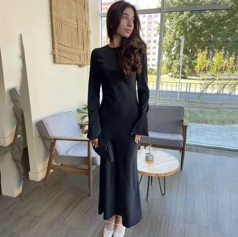 Satin Scoop Neck Bell Sleeve Ruched Waist Mermaid Maxi Dress