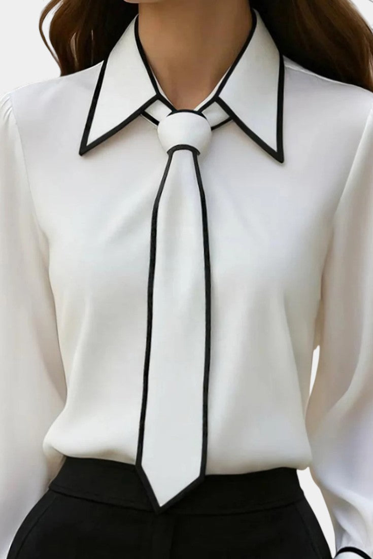 Contrast Trim Knotted Tie Collar Long Sleeve Blouse