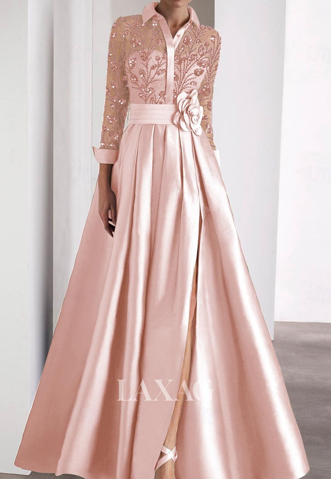 A-Line Embroidered Sequined Evening Dress Long-Sleeves Floor-Length Pleated Satin Formal Gowns