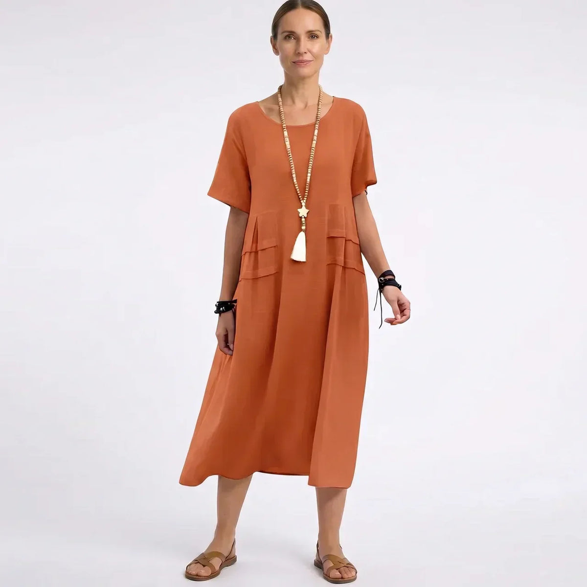 Round Neck Short Sleeve Pocket Midi Dress