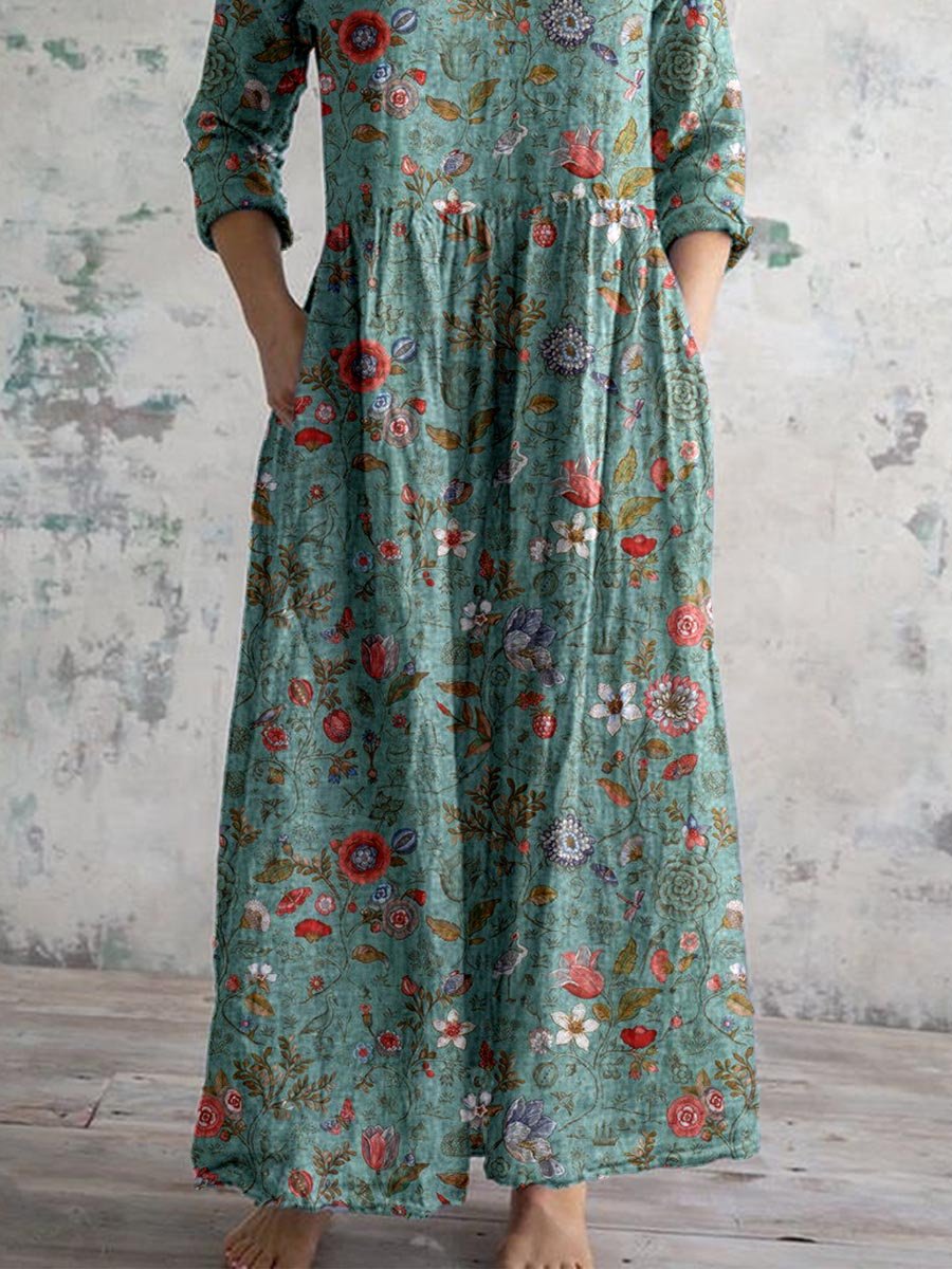 Floral Print V-Neck Long Sleeve Pocket Maxi Dress