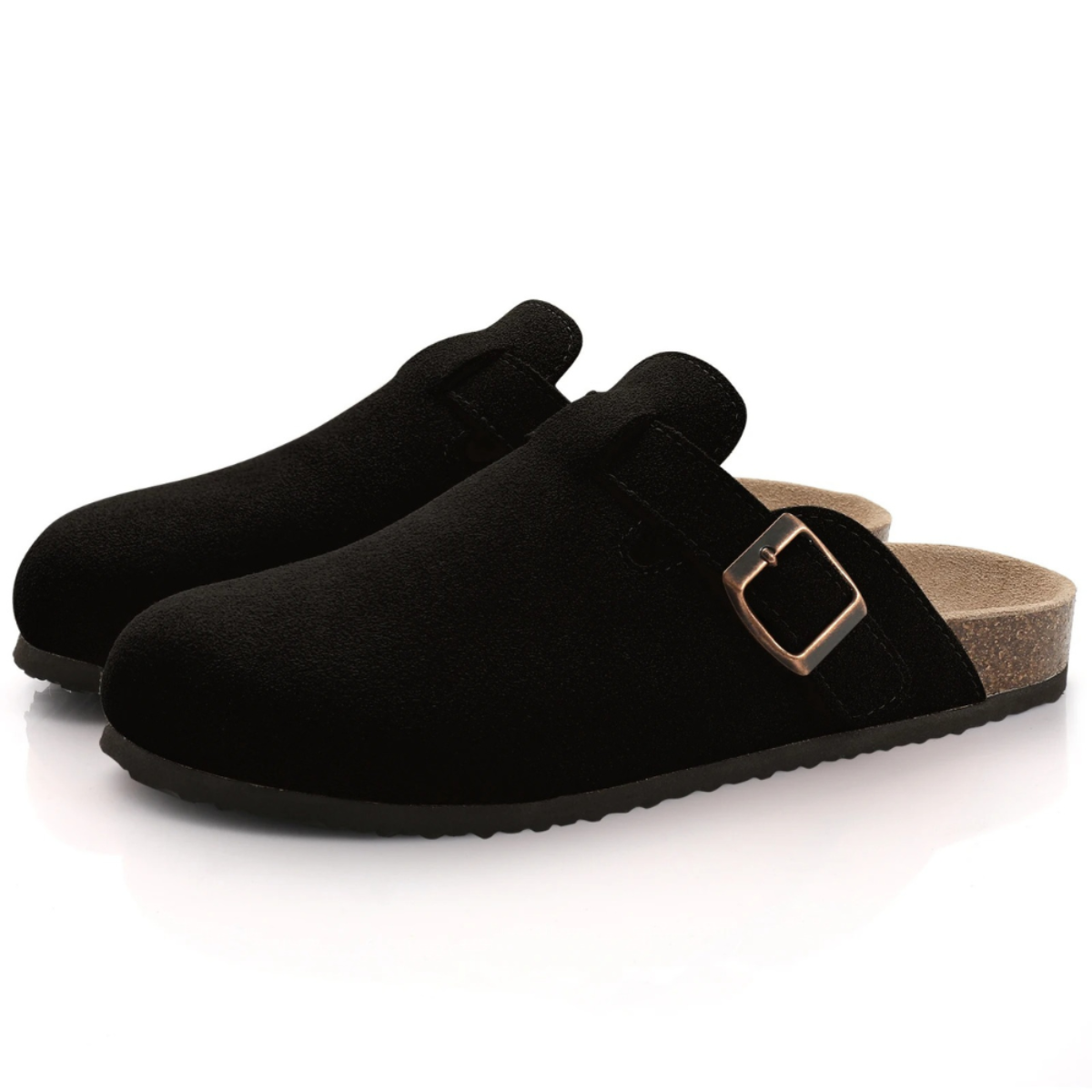 Round Toe Buckle Strap Suede Look Clog Mules