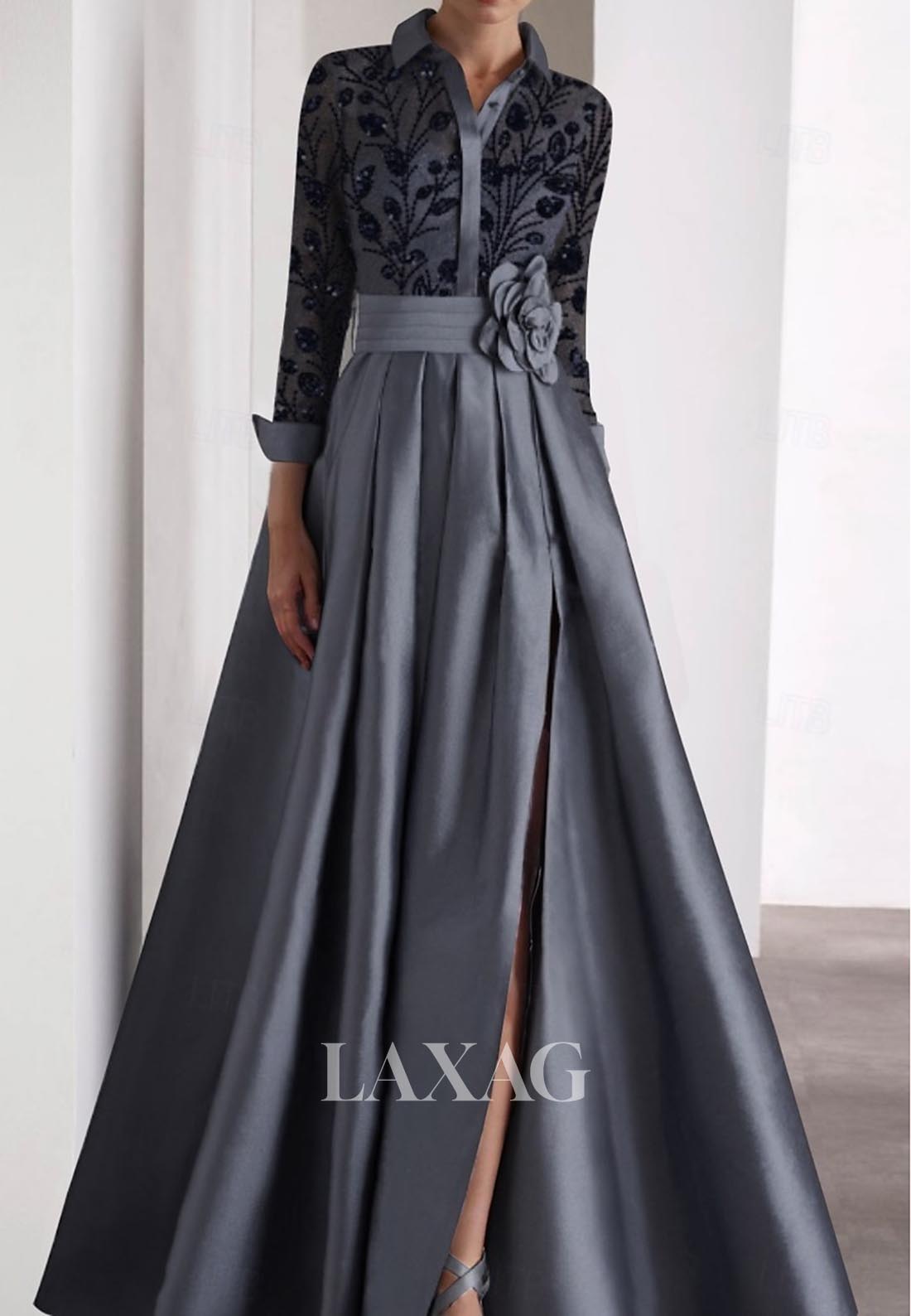 A-Line Embroidered Sequined Evening Dress Long-Sleeves Floor-Length Pleated Satin Formal Gowns
