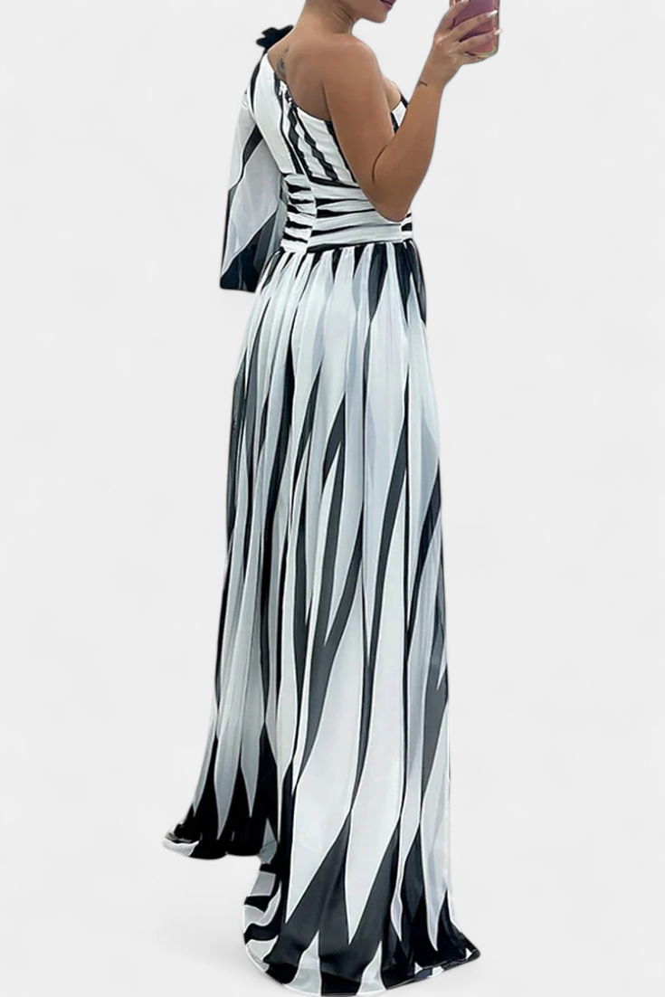 Abstract Print One Shoulder High Split Maxi Gown
