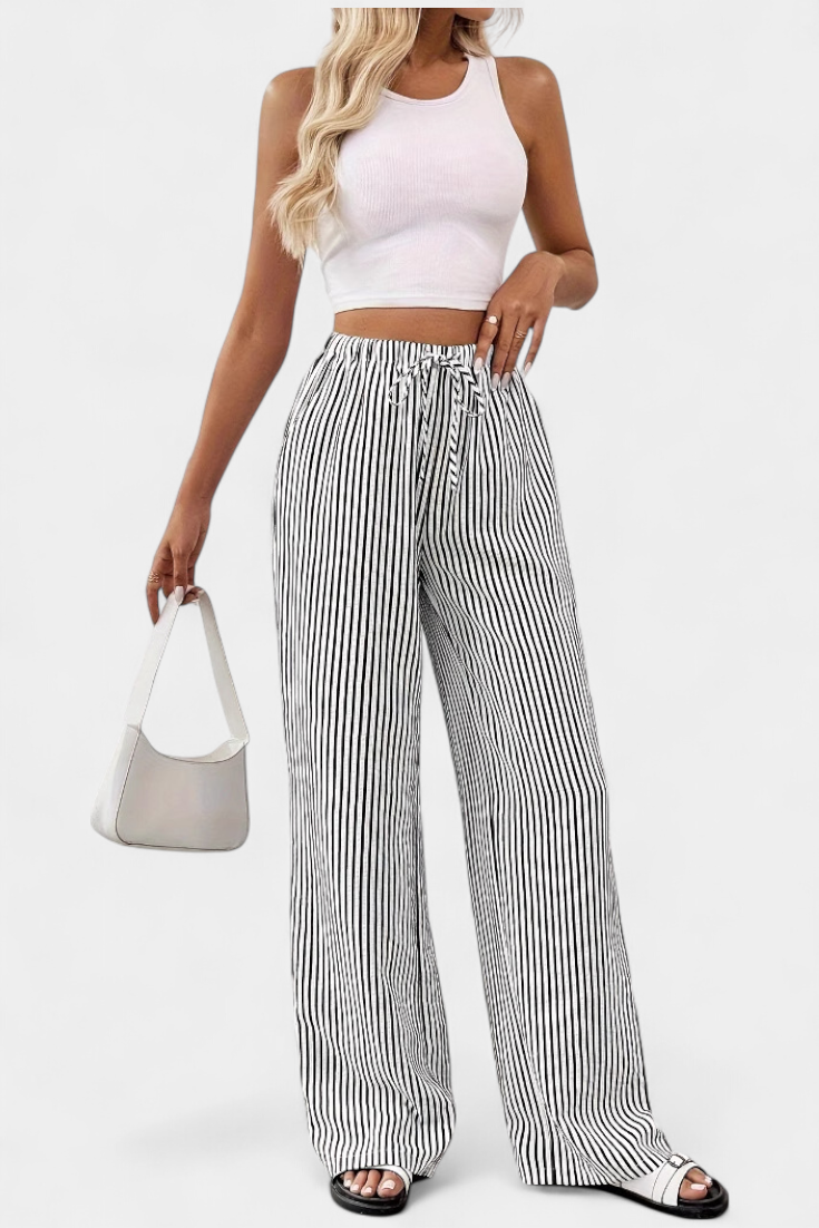 High Waist Drawstring Striped Wide Leg Pants