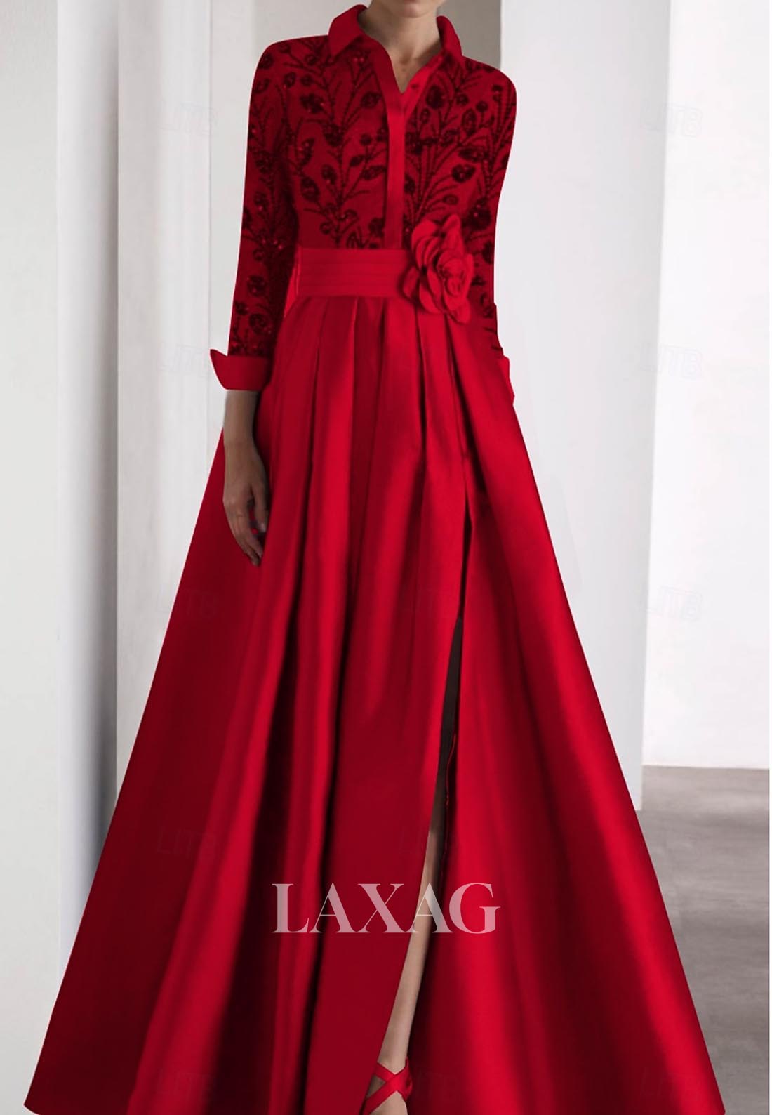 A-Line Embroidered Sequined Evening Dress Long-Sleeves Floor-Length Pleated Satin Formal Gowns