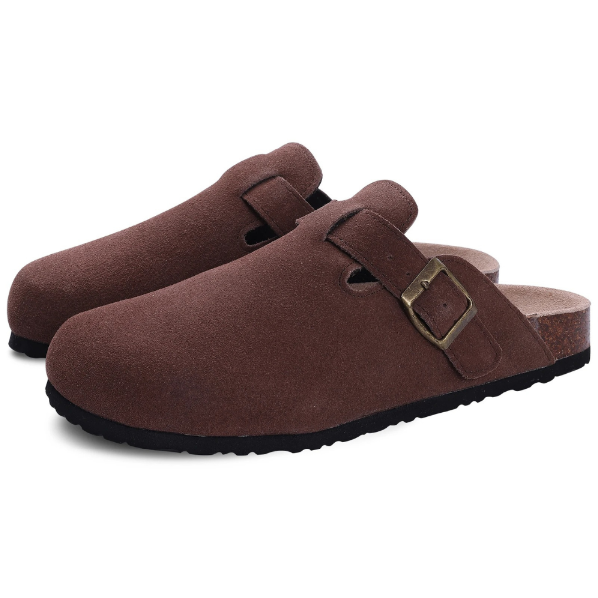 Round Toe Buckle Strap Suede Look Clog Mules