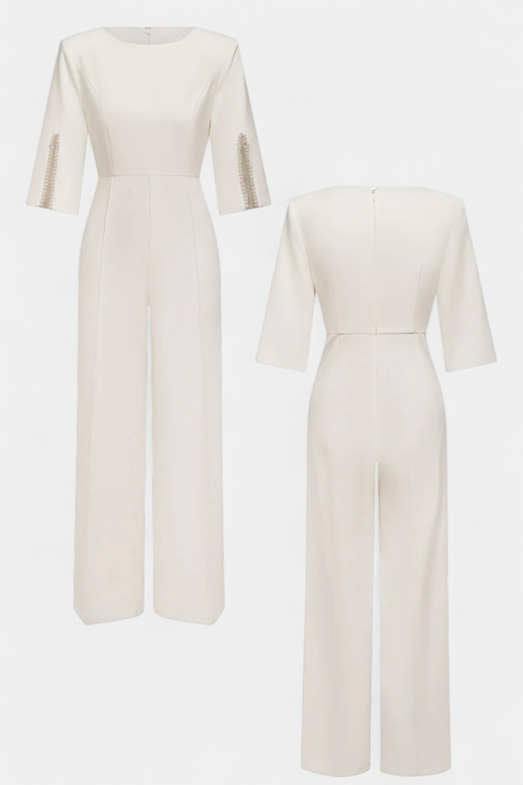 Boat Neck Pearl Trim Split Sleeve Wide Leg Jumpsuit
