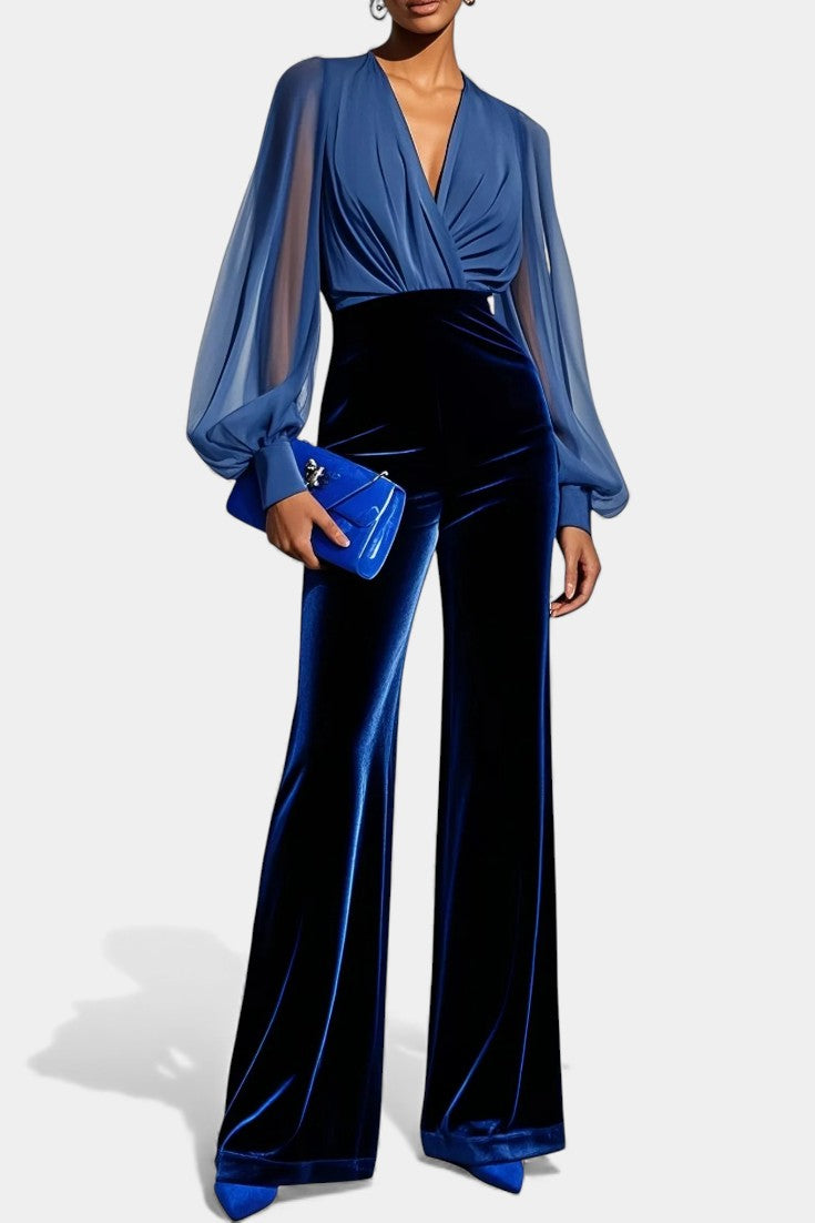 Deep V-Neck Sheer Sleeve Velvet Wide Leg Jumpsuit