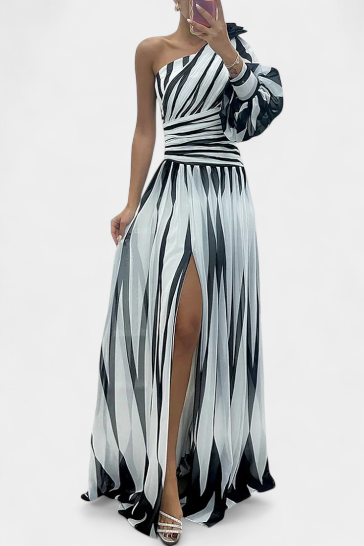 Abstract Print One Shoulder High Split Maxi Gown