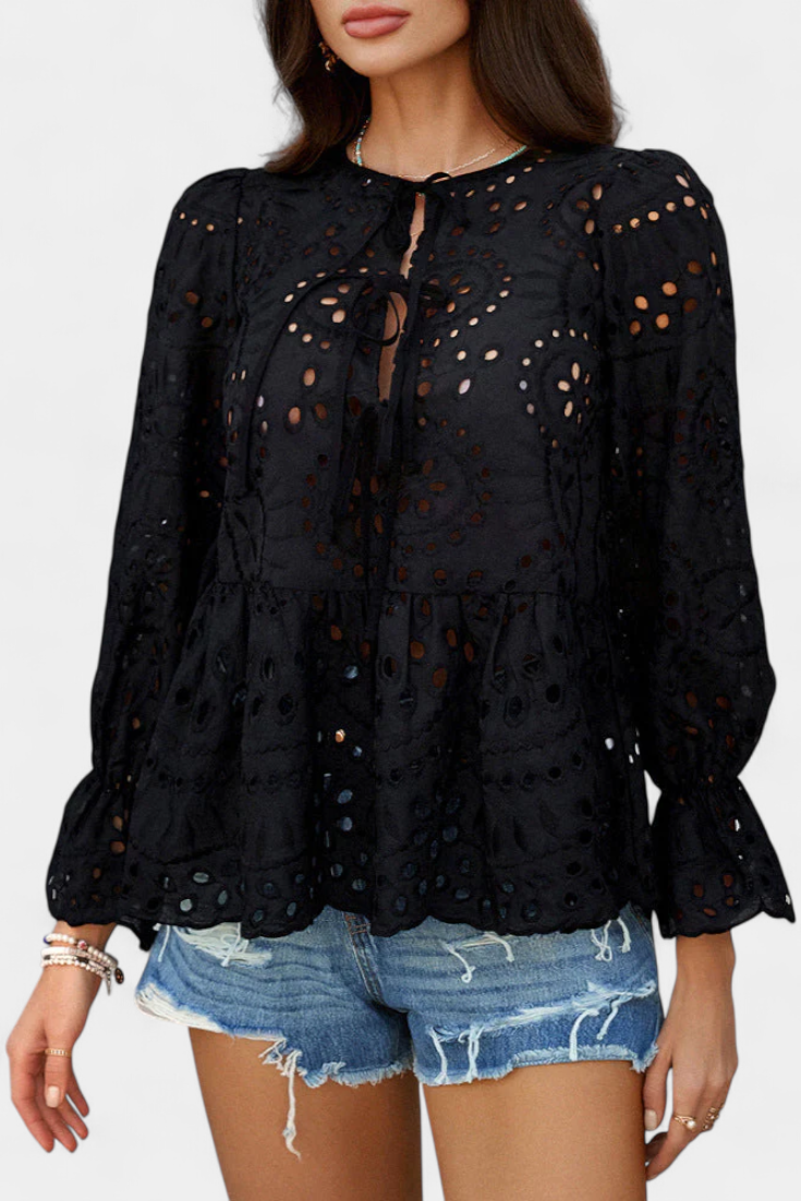 Eyelet Lace Tie Neck Long Sleeve Peplum Blouse