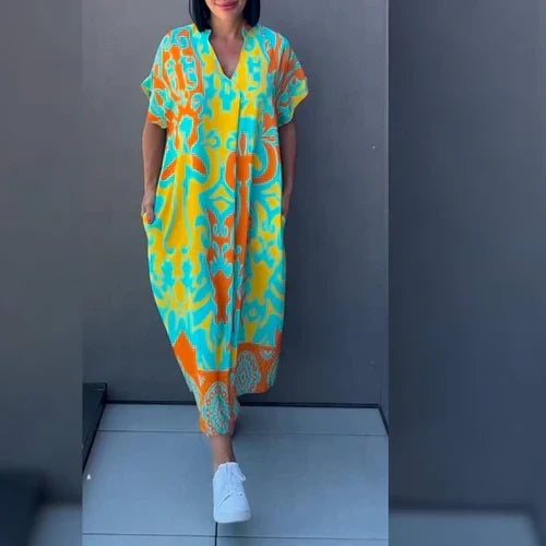 Baroque Print V-Neck Short Sleeve Oversized Midi Dress Summer