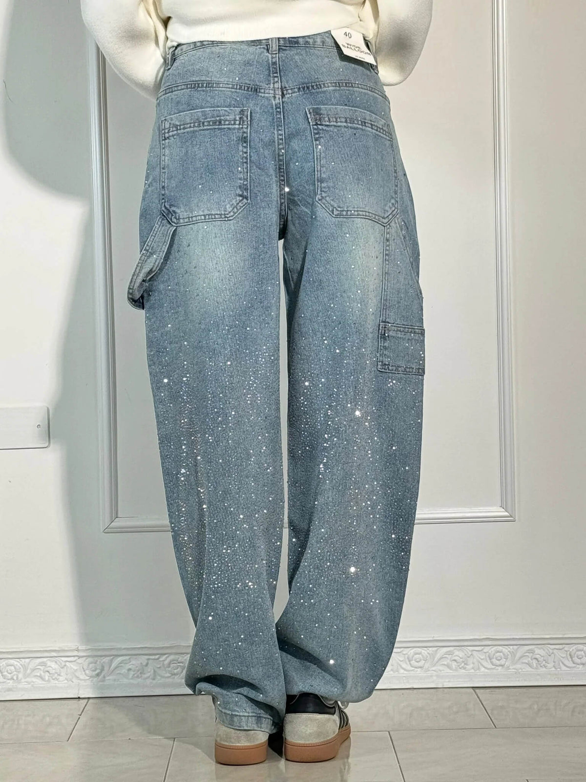 High Waist Rhinestone Embellished Wide Leg Jeans