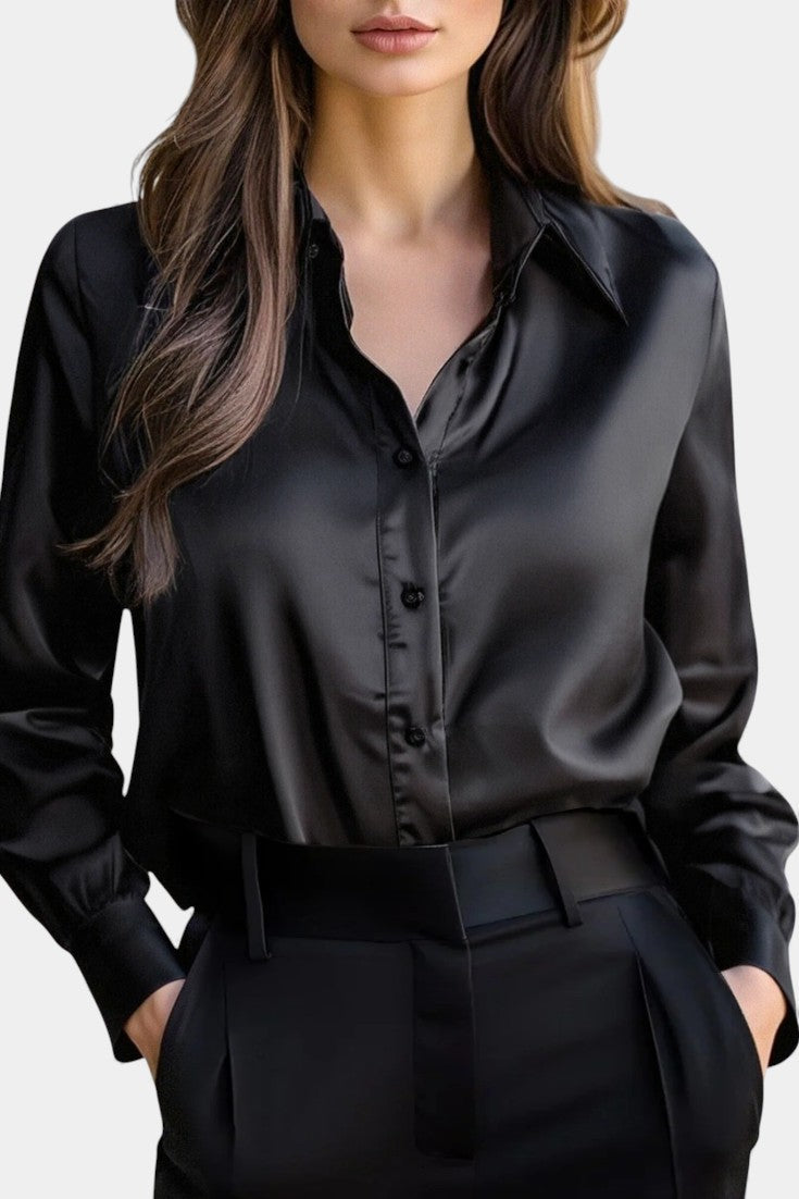 Satin Collared Button Front Long Sleeve Blouse