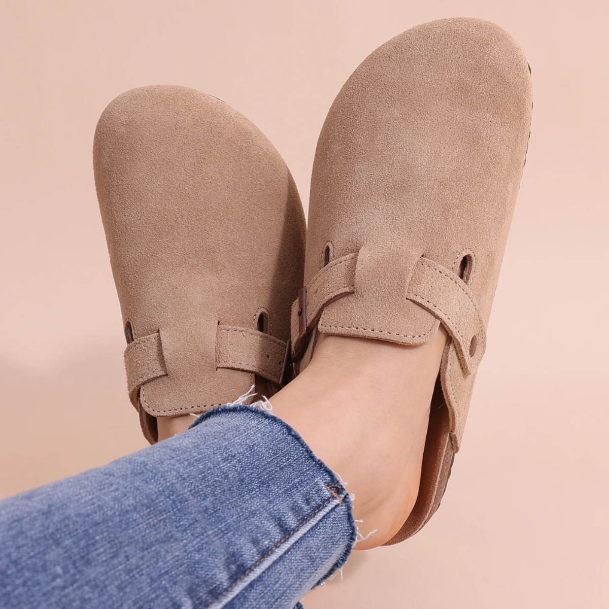 Round Toe Buckle Strap Suede Look Clog Mules
