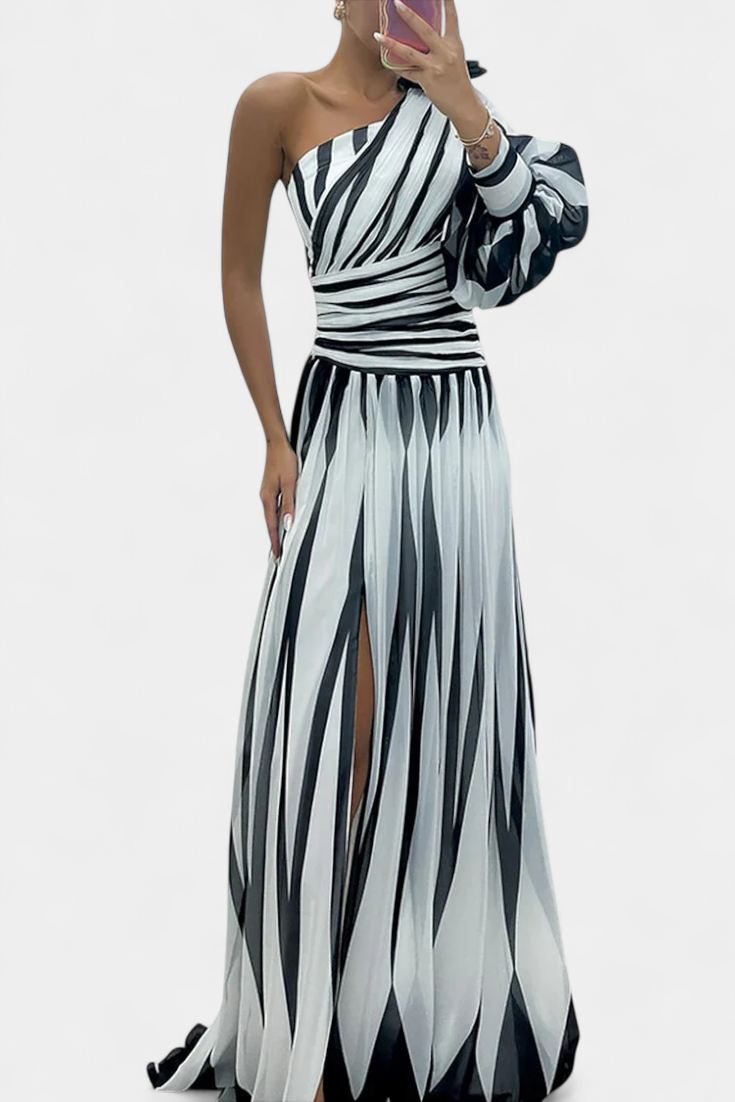 Abstract Print One Shoulder High Split Maxi Gown
