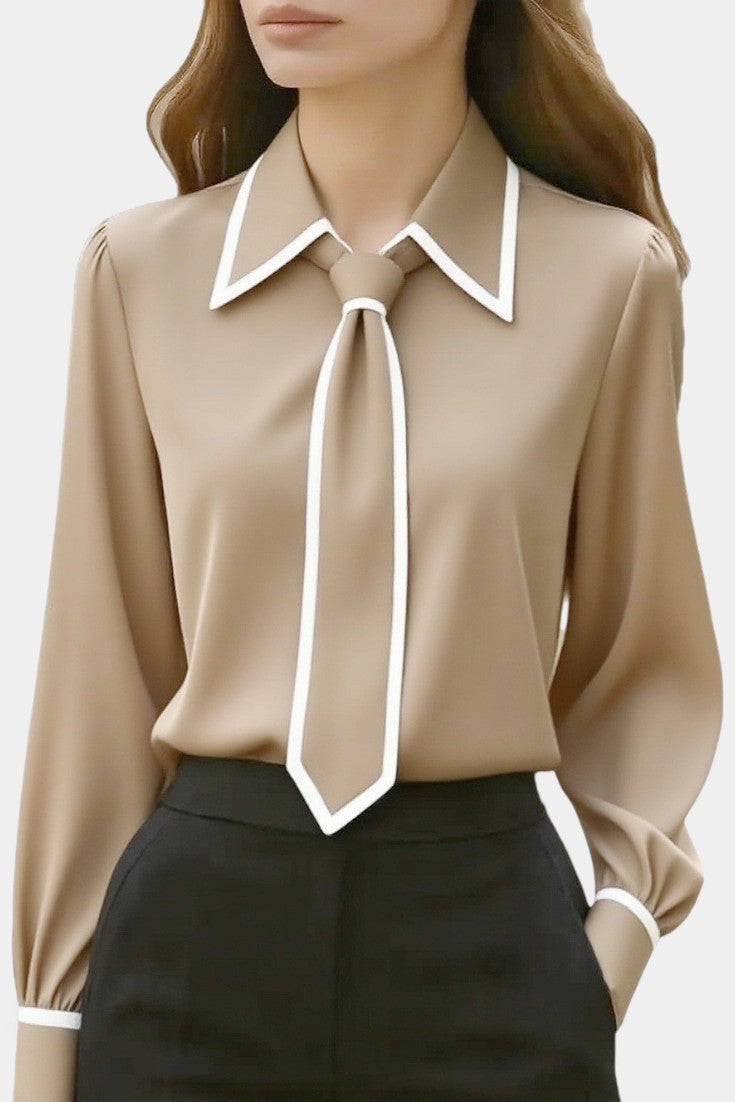 Contrast Trim Knotted Tie Collar Long Sleeve Blouse