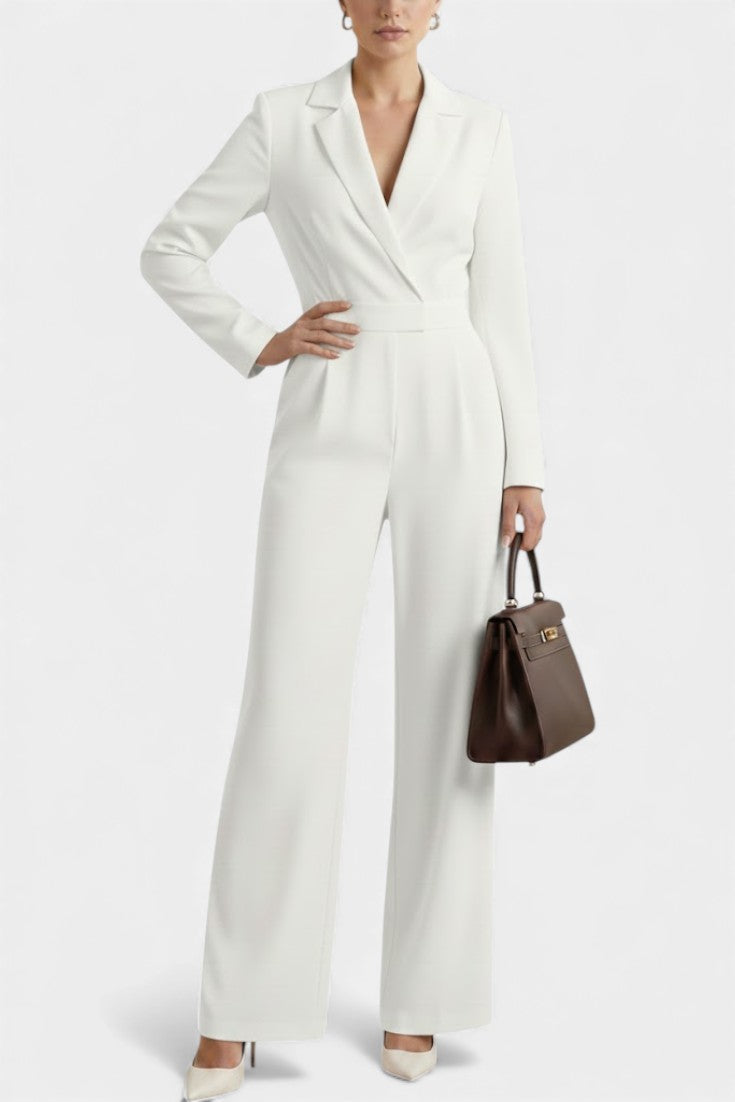 Notch Lapel Wrap Long Sleeve Wide Leg Jumpsuit