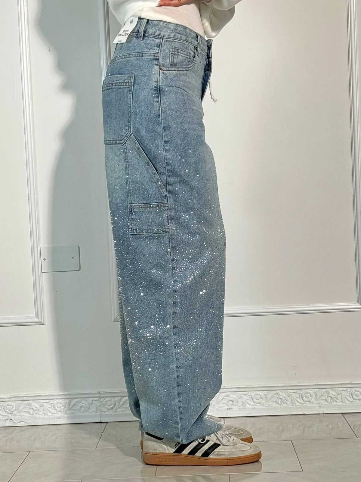 High Waist Rhinestone Embellished Wide Leg Jeans