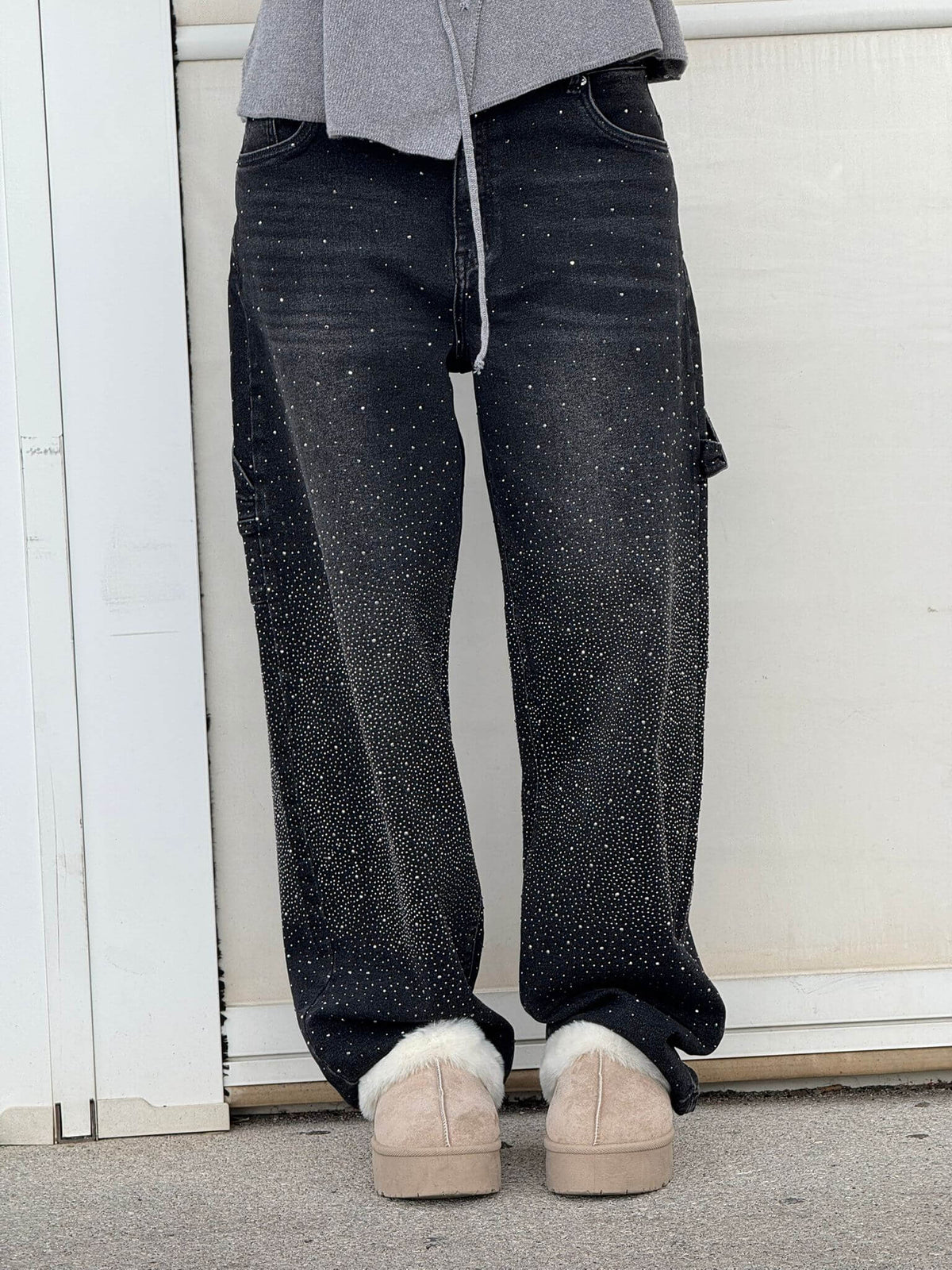 High Waist Rhinestone Embellished Wide Leg Jeans