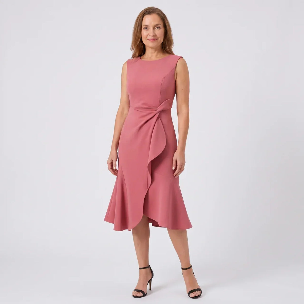 Round Neck Sleeveless Ruffle Wrap Fit and Flare Midi Dress
