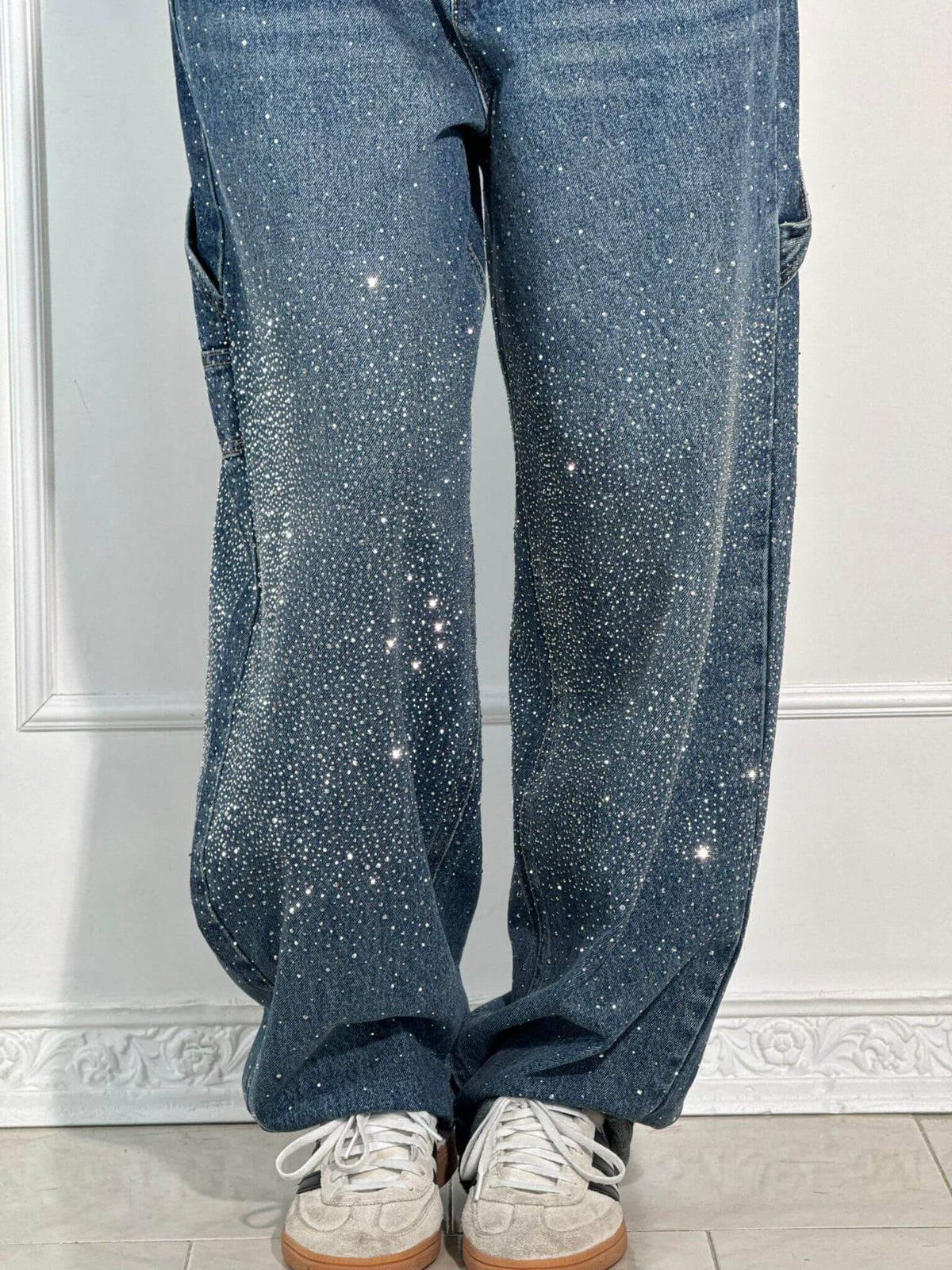 High Waist Rhinestone Embellished Wide Leg Jeans