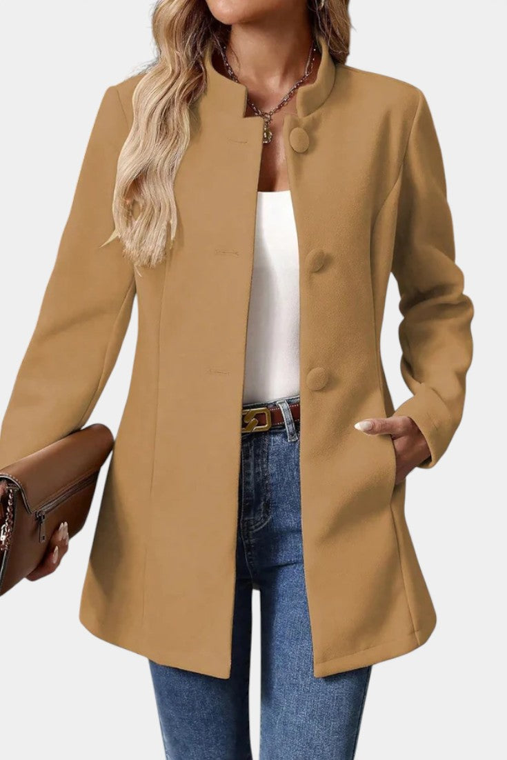 Stand Collar Button Front Long Sleeve Longline Coat