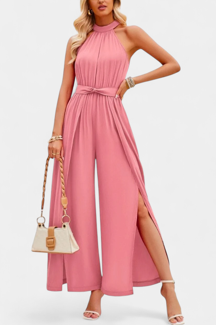 Halter Neck Belted Wide Leg High Split Jumpsuit