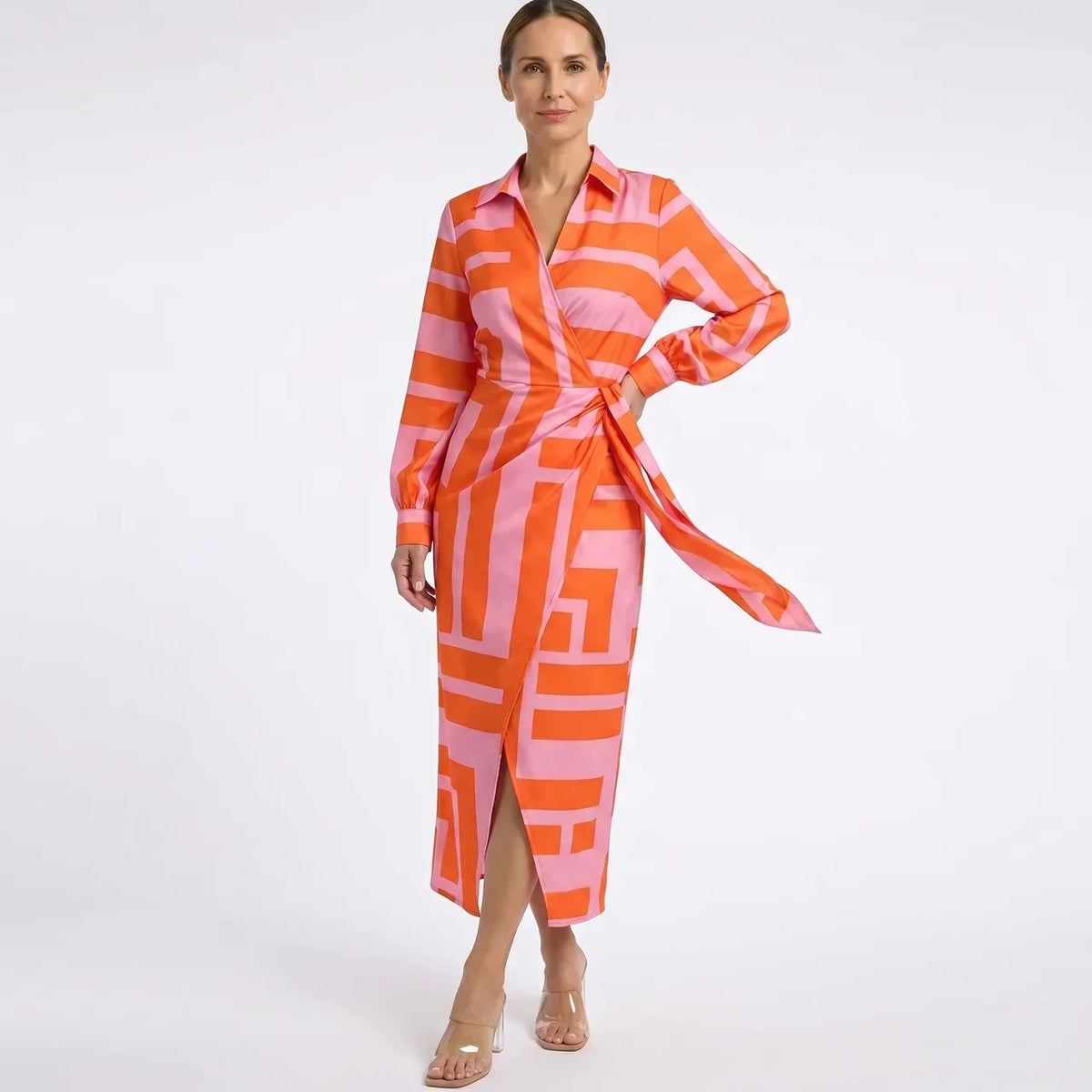 Geometric Print Collared Long Sleeve Wrap Tie Midi Dress