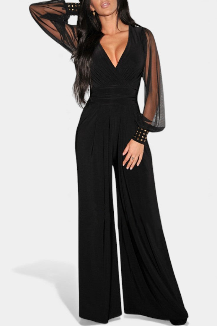 Deep V-Neck Sheer Mesh Sleeve Wide Leg Jumpsuit