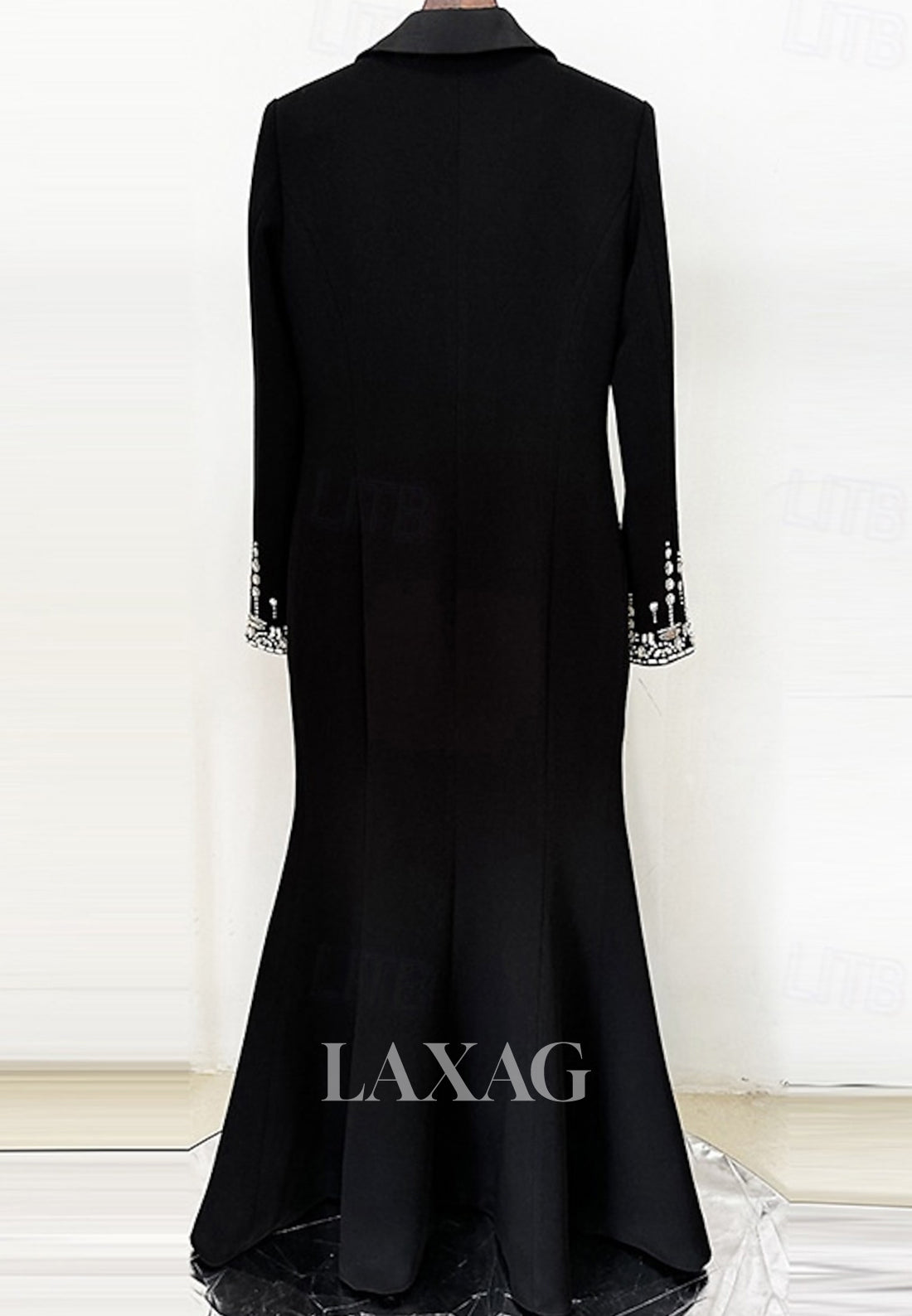 Couture Deep V-Neck Long Sleeves Beaded Pleated Floor-Length Satin Fitted Formal Wedding Guest Dress