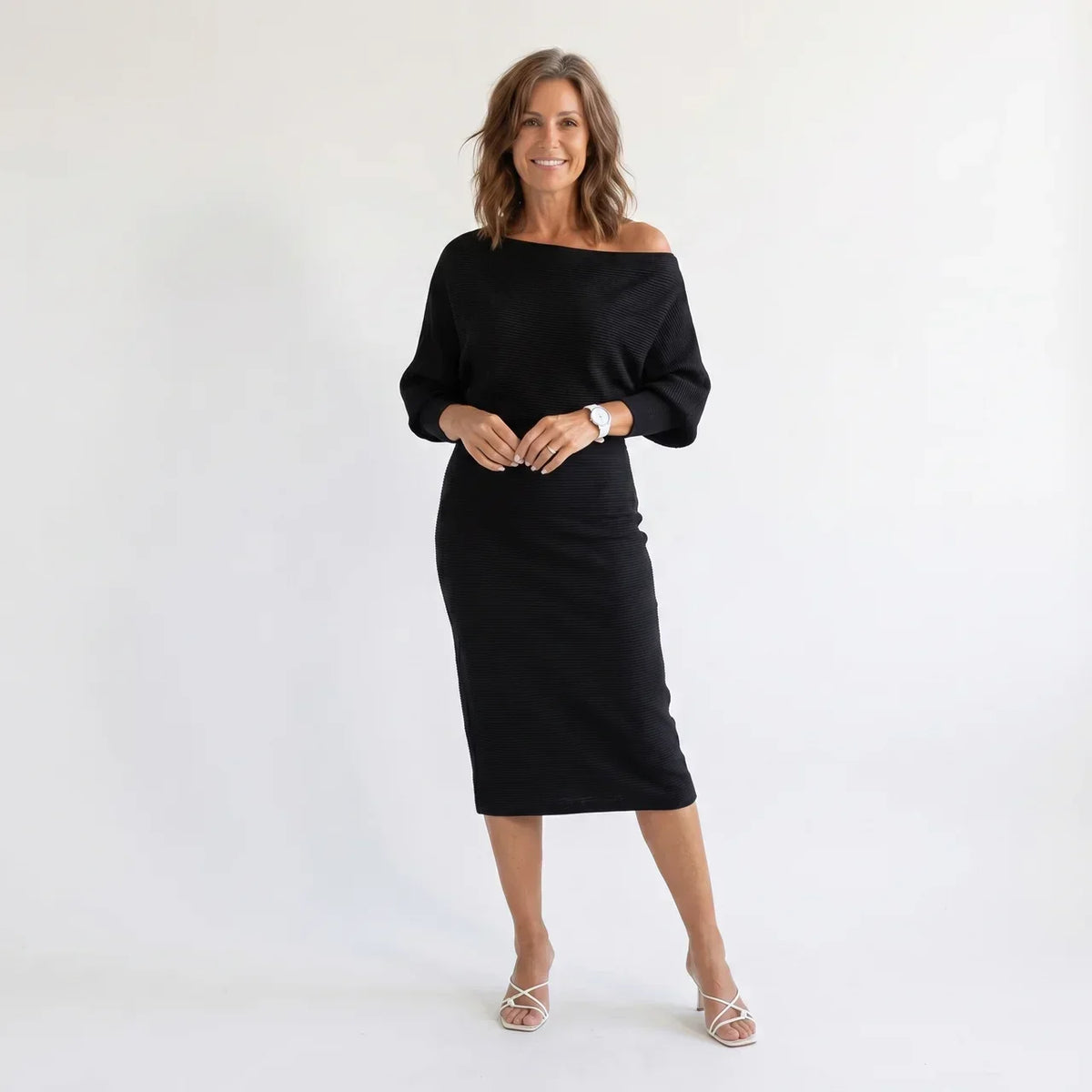 Off Shoulder Long Sleeve Ribbed Knit Bodycon Midi Dress