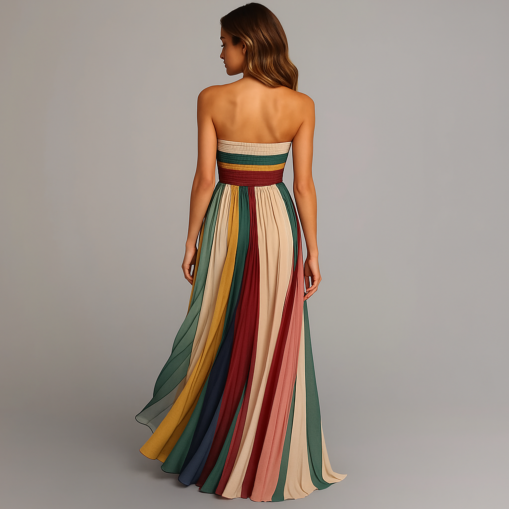Striped Strapless Pleated Maxi Dress Party 4