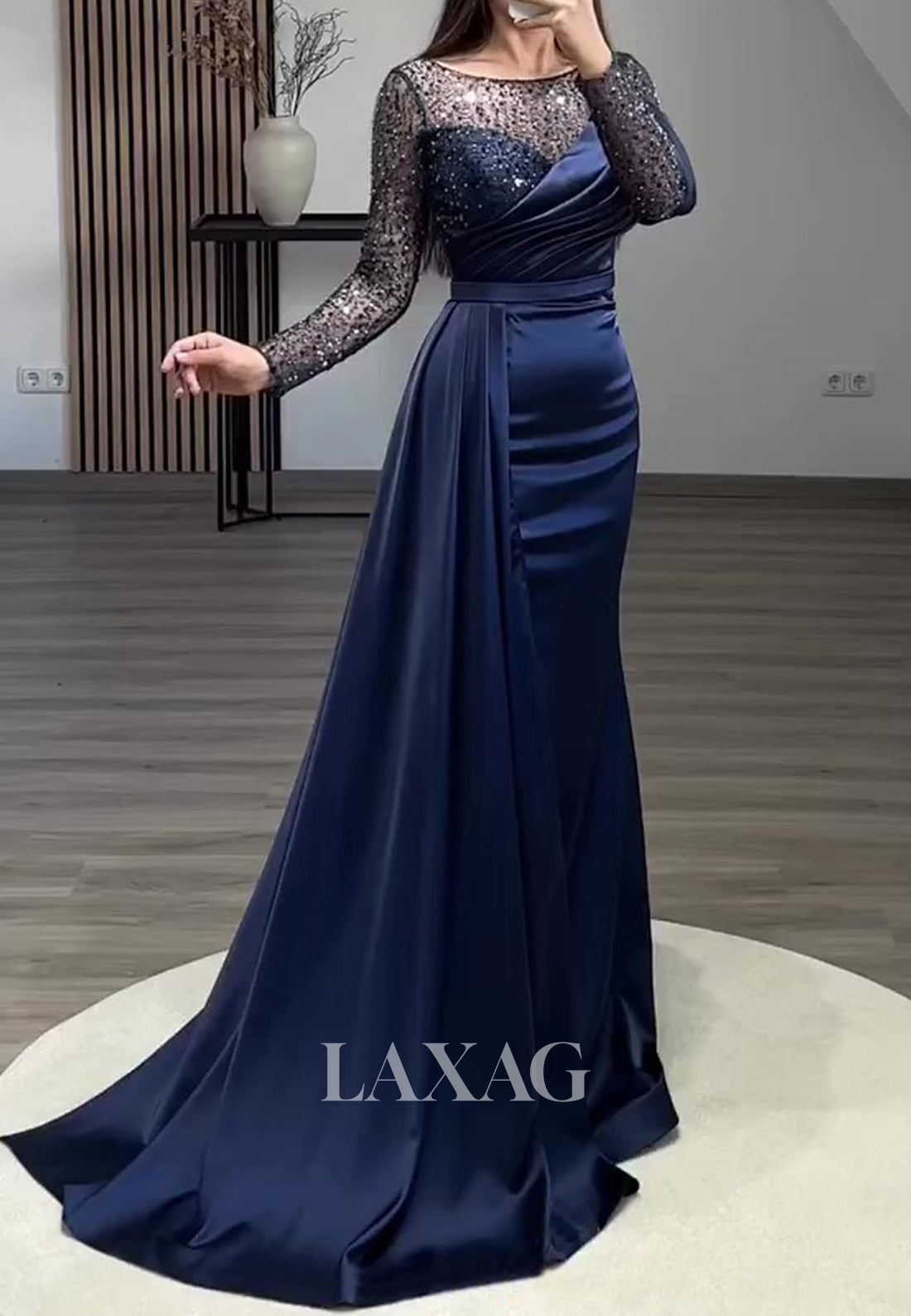 Beaded Sequined Pleated Mermaid Prom Dress Scoop-Neck Long Sleeves Sweep Train Formal Gowns