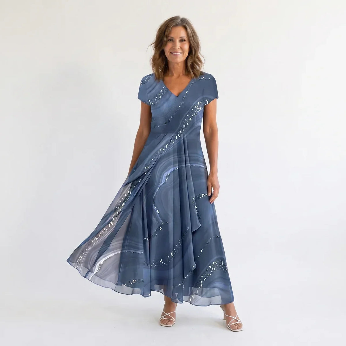 Marble Print V-Neck Cap Sleeve Chiffon Maxi Dress
