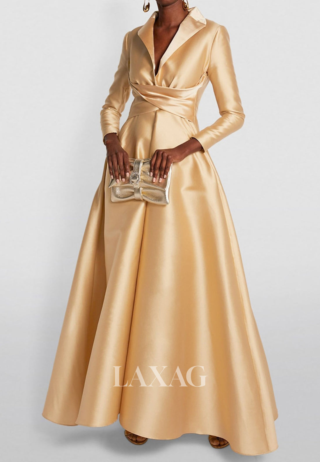 Deep V-Neck Long Sleeves Pleated Evening Gowns Simple Floor-Length Satin A-Line Formal Wedding Guest Dress