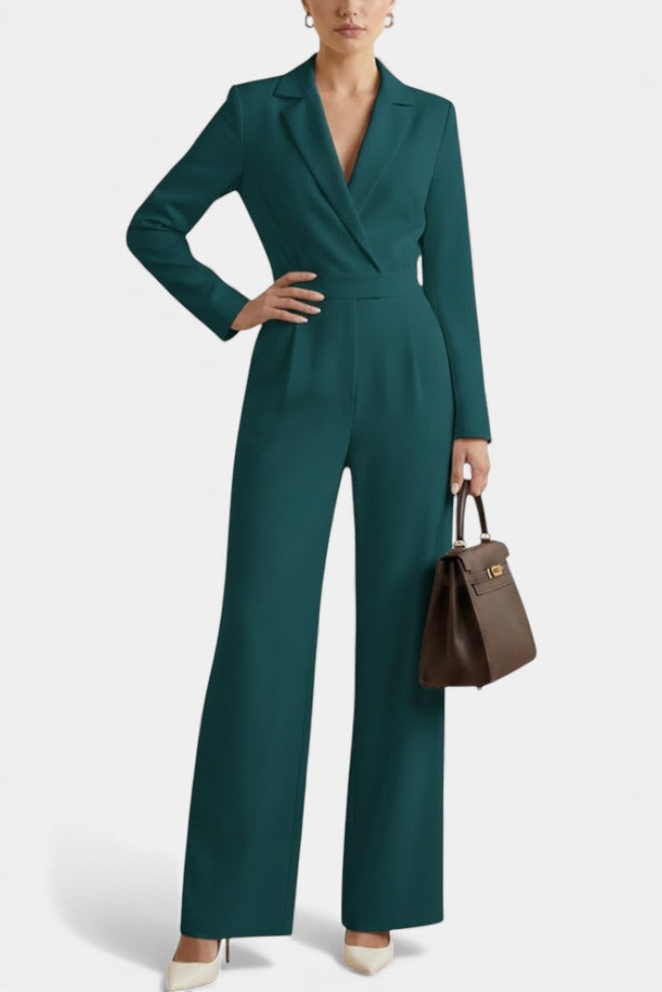 Notch Lapel Wrap Long Sleeve Wide Leg Jumpsuit