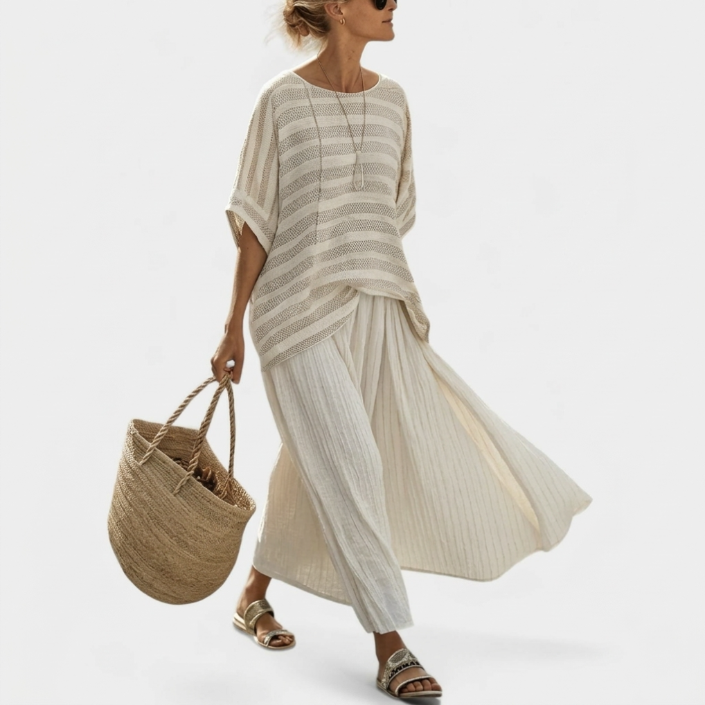 Striped Short Sleeve Top and Wide Leg Pants Two Piece Set