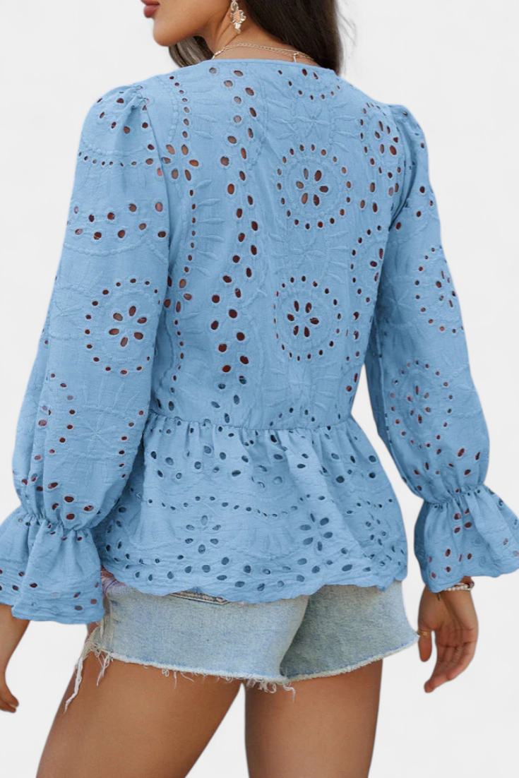 Eyelet Lace Tie Neck Long Sleeve Peplum Blouse