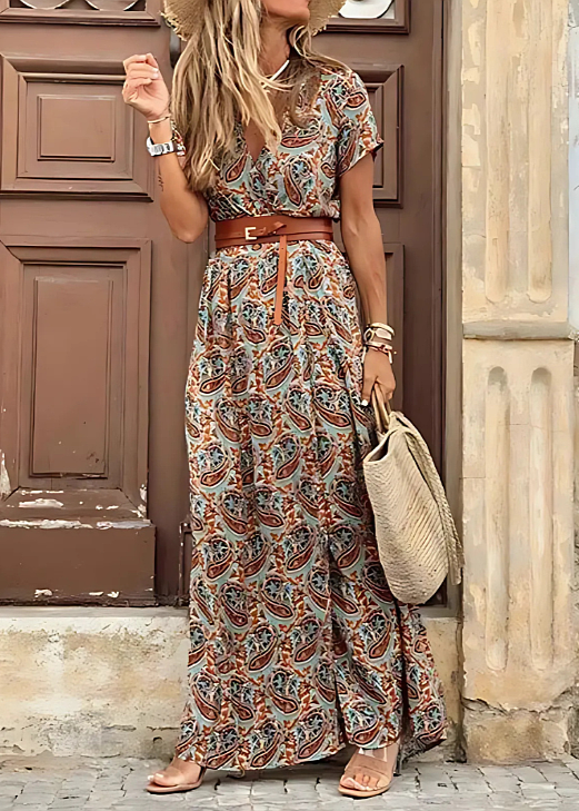 Paisley Print V-Neck Short Sleeve Belted High Split Maxi Dress